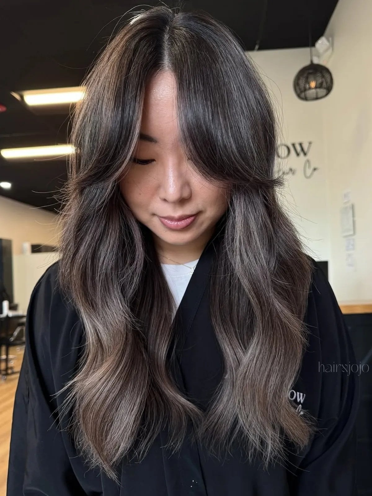 Mid-Back Ash Brown With Blonde Highlights Blowout and Curtain Bangs — Trendy Ash Brown Hair