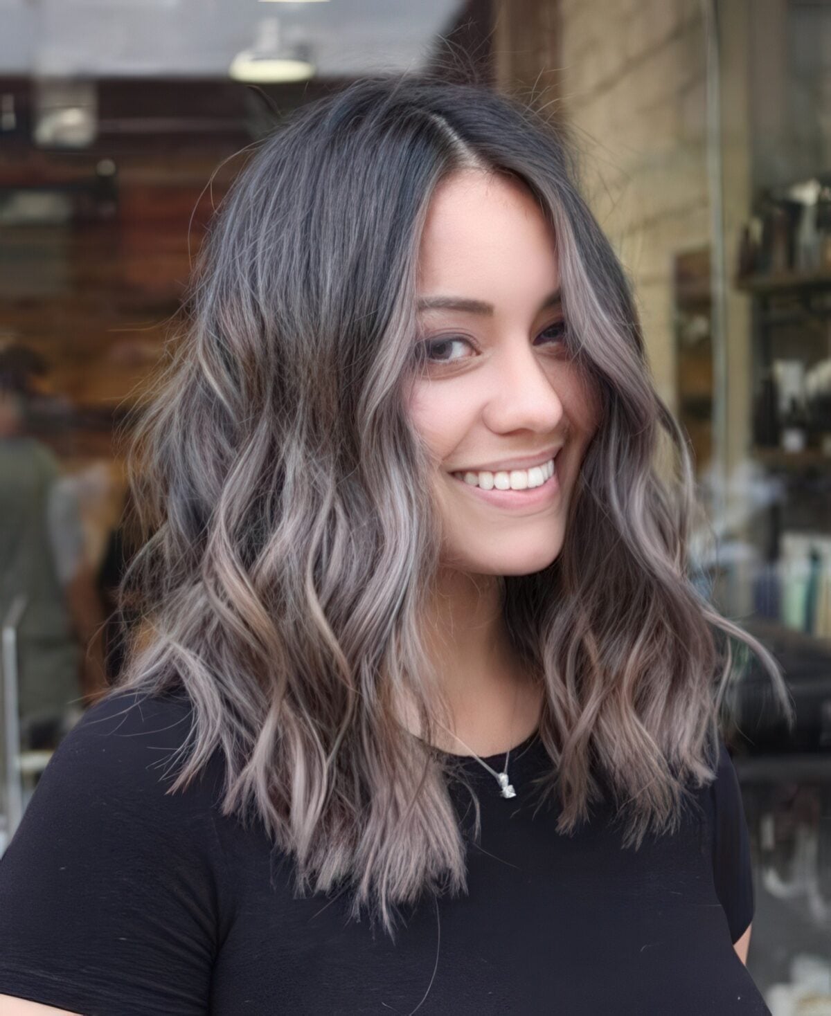 Collarbone Ash Brown With Highlights Wavy Blowout — Trendy Ash Brown Hair
