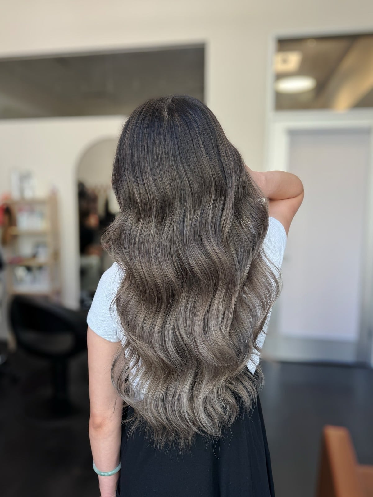 Mid-Back Light Ash Brown Balayage Back View, Wavy — Trendy Ash Brown Hair