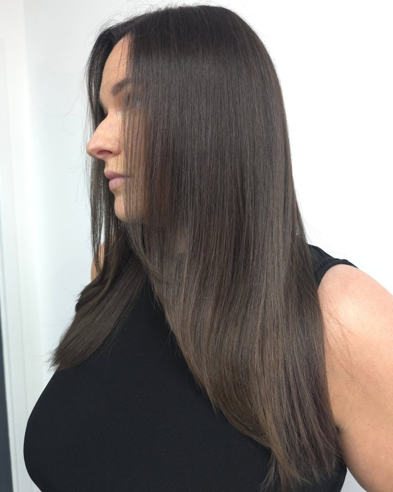 Mid-Back Dark Ash Brown Poker Straight — Trendy Ash Brown Hair