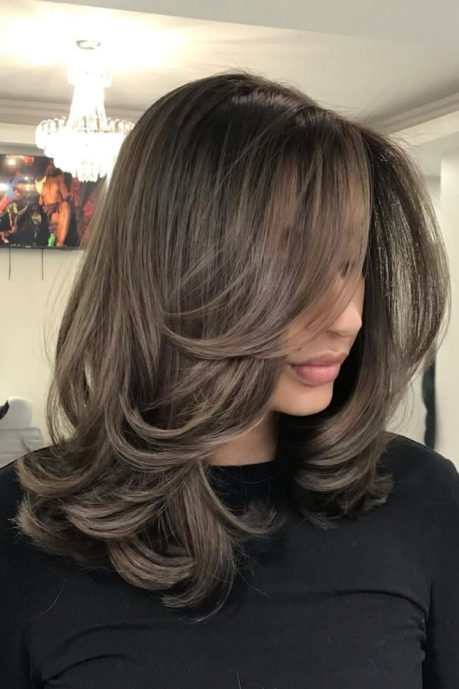 Shoulder Length Ash Brown Balayage With 90s Layers — Trendy Ash Brown Hair