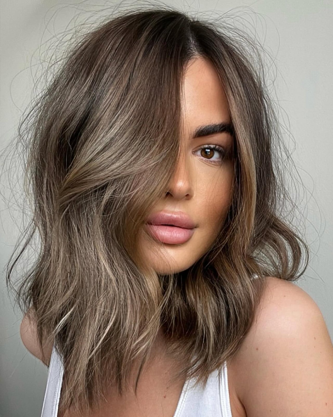 Chin Length Ash Brown Lob With Highlights — Trendy Ash Brown Hair