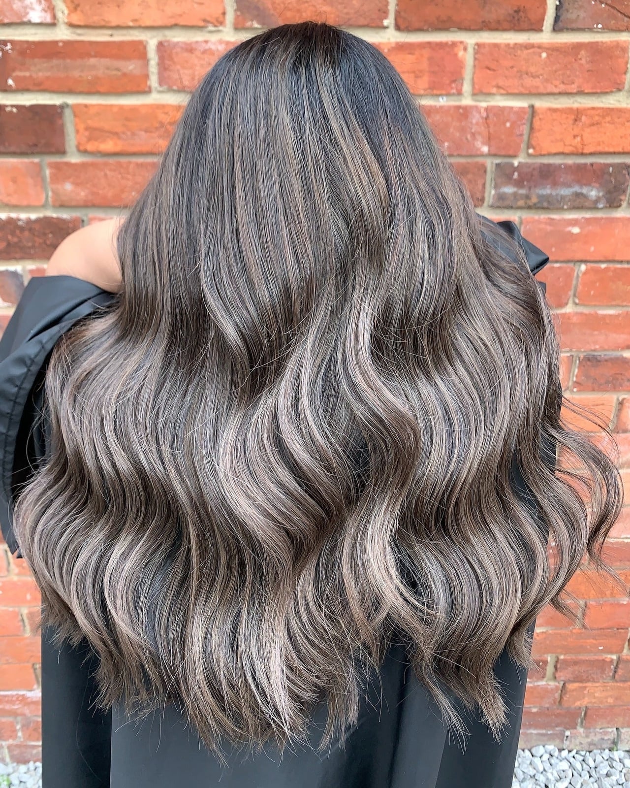 Mid-Back Ash Brown With Highlights Back View, Wavy — Trendy Ash Brown Hair