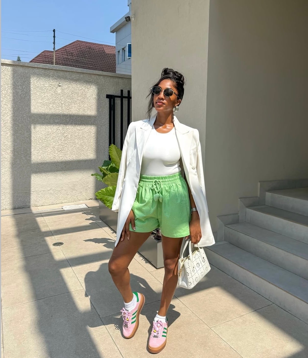White Blazer With Green Sequined Shorts — Trendy Athleisure Outfits