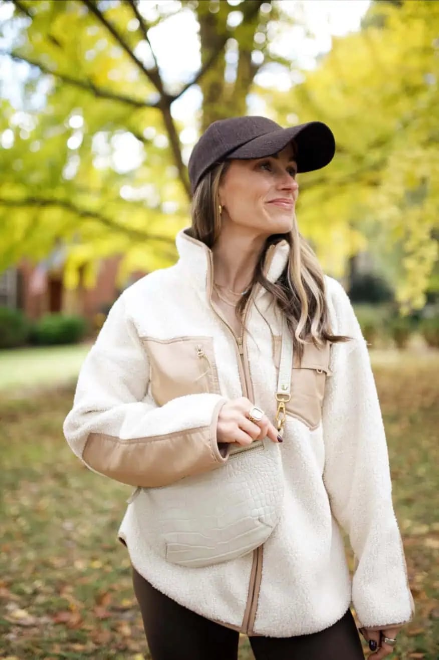 Cream Fleece Jacket With Faux Leather Accents — Trendy Athleisure Outfits