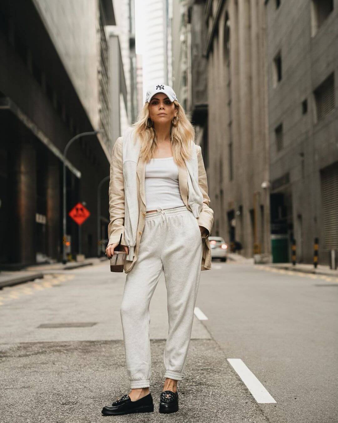 Beige Linen-Blend Blazer With Grey Sweatpants — Trendy Athleisure Outfits