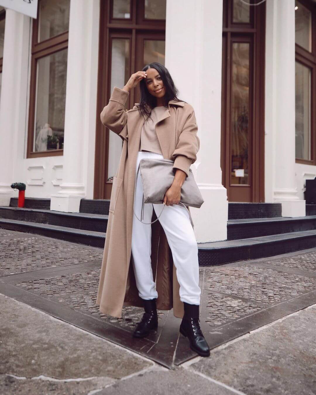 Beige Trench Coat Over White Sweatpants — Trendy Athleisure Outfits