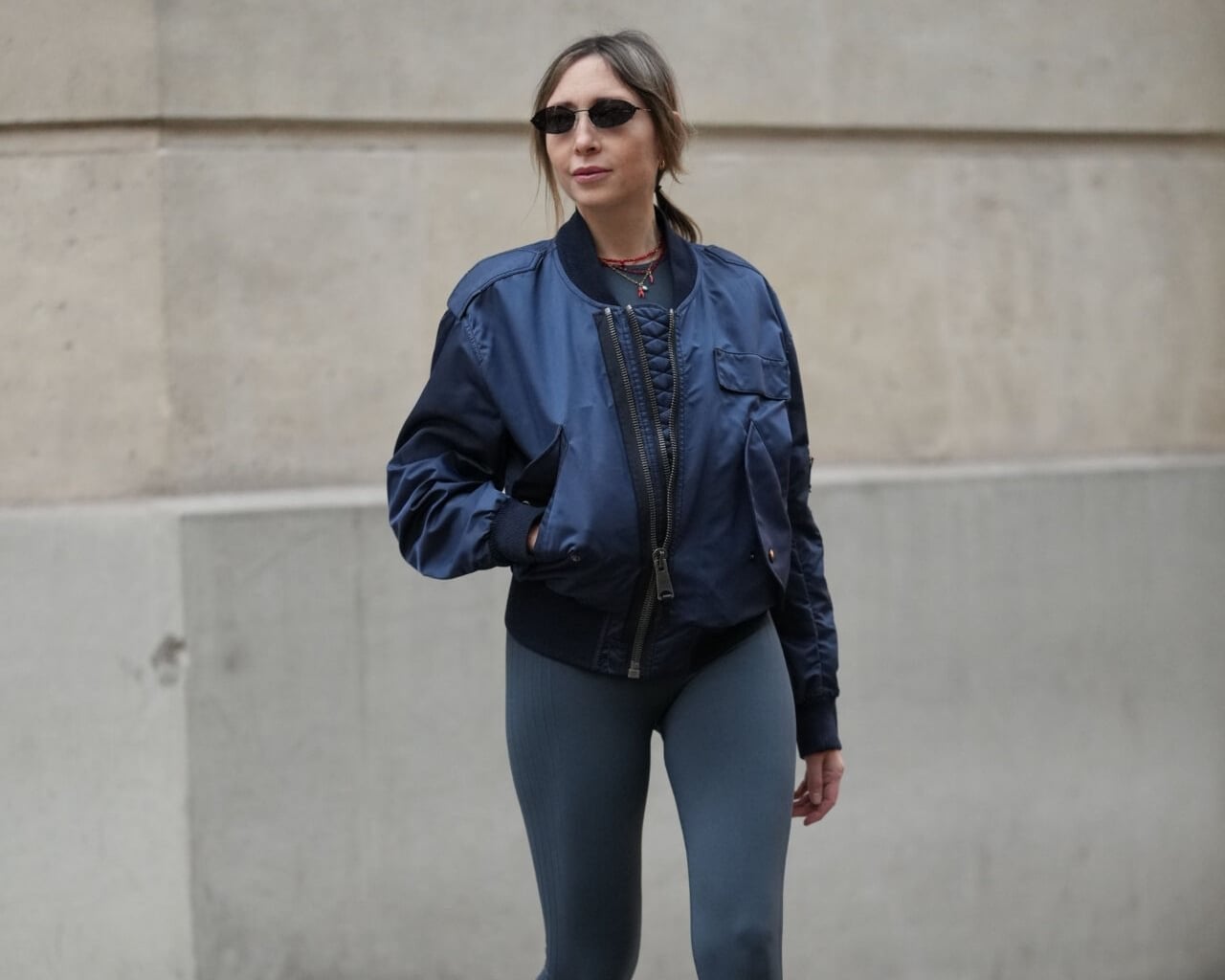 Navy Bomber Jacket Over Grey Leggings — Trendy Athleisure Outfits