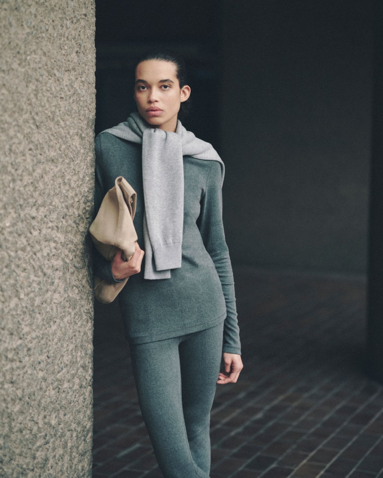Monochromatic Grey Knit Set With Scarf — Trendy Athleisure Outfits