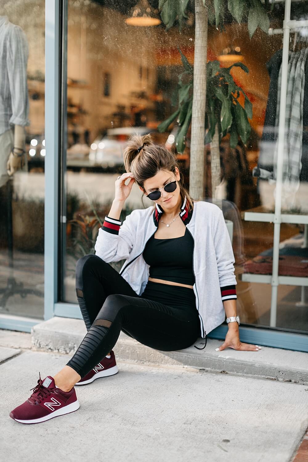 Grey Bomber Jacket With Mesh Panel Leggings — Trendy Athleisure Outfits
