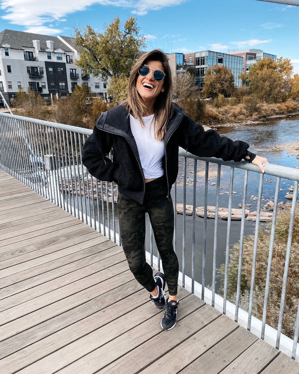 Black Fleece Jacket Over Camo Leggings — Trendy Athleisure Outfits