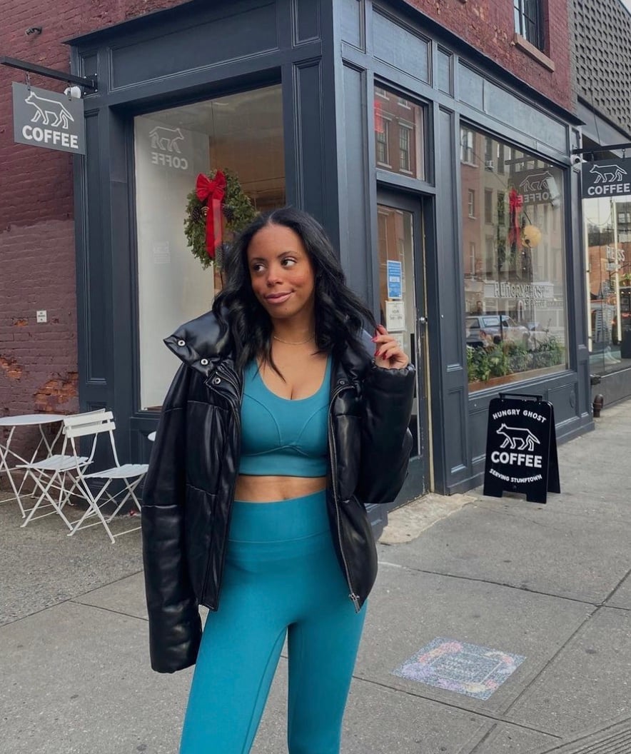 Teal Athleisure Set With Shiny Puffer Jacket — Trendy Athleisure Outfits