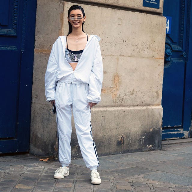 White Tracksuit With Sequined Bralette — Trendy Athleisure Outfits