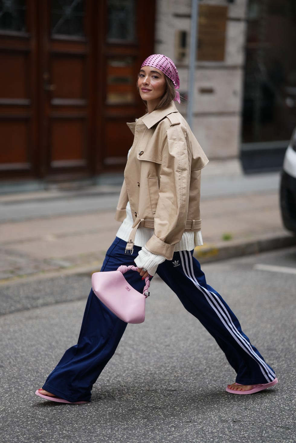 Navy Track Pants With Beige Trench Coat — Trendy Athleisure Outfits