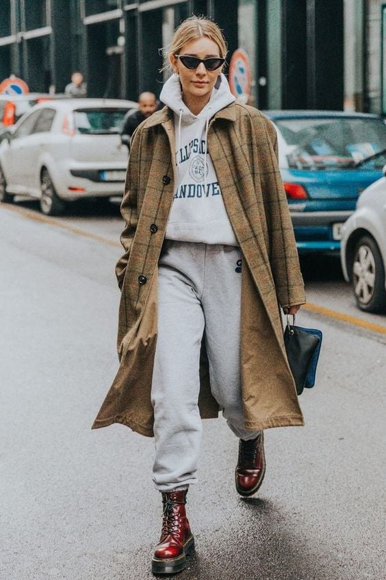 Plaid Overcoat Over Graphic Hoodie And Sweatpants — Trendy Athleisure Outfits