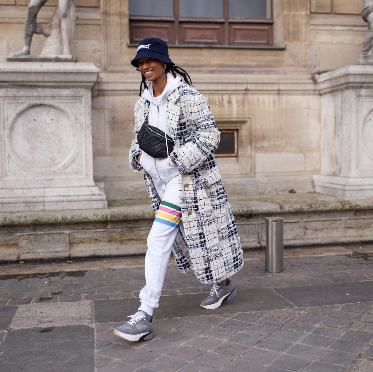 Tweed Coat Over Hoodie And Striped Sweatpants — Trendy Athleisure Outfits