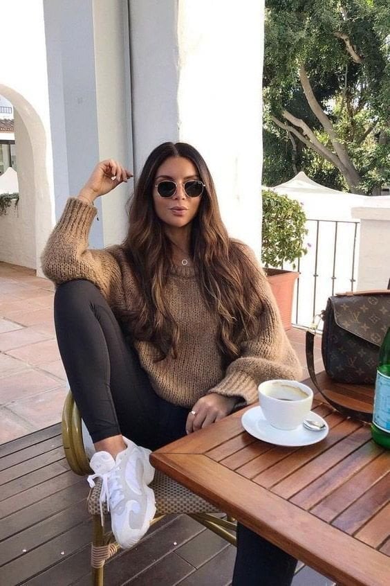 Camel Chunky Knit Sweater With Black Leggings — Trendy Athleisure Outfits