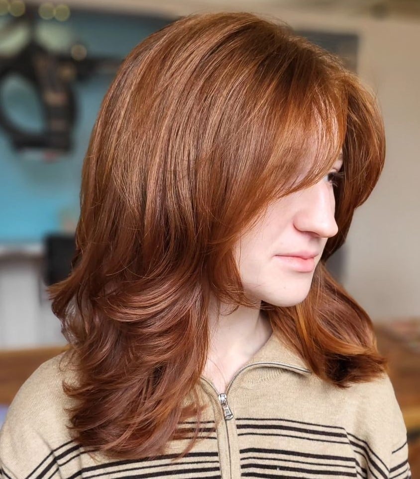 Shoulder Length Natural Auburn With Highlights Shoulder Length Natural Auburn With Highlights — Trendy Auburn Hair Color