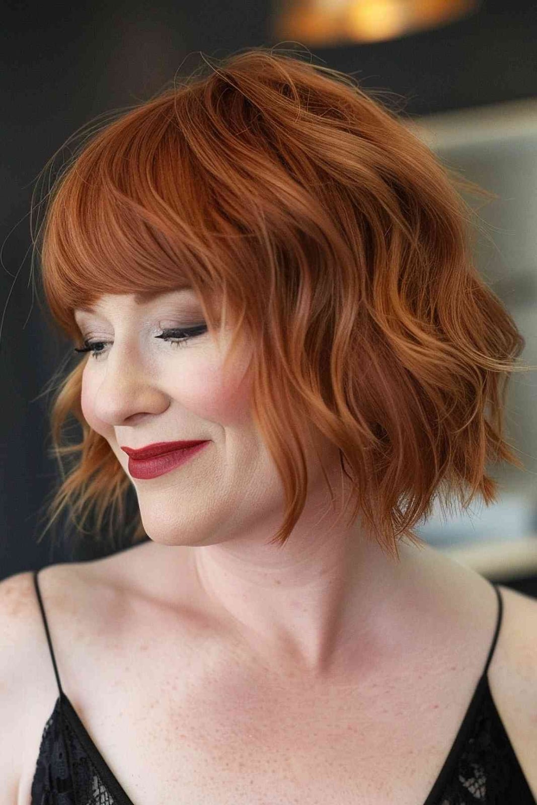 Vibrant Ginger Copper Bob With Blunt Bangs Vibrant Ginger Copper Bob With Blunt Bangs — Trendy Auburn Hair Color