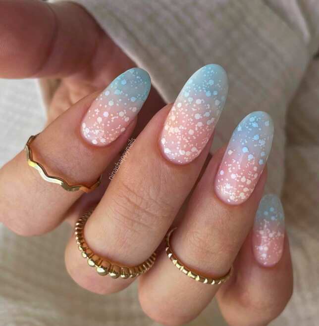 Speckled Baby Blue Gradient Medium Almond — Trendy Baby Blue Nails