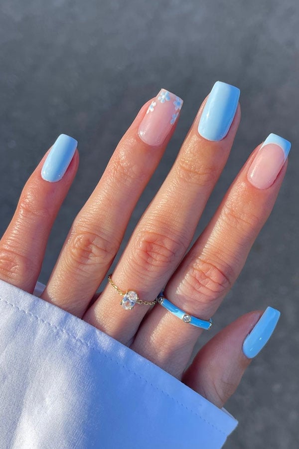 Solid Blue and Floral Accent Square — Trendy Baby Blue Nails