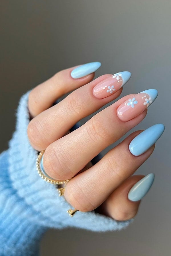 Solid Blue with Floral Accents Medium Square — Trendy Baby Blue Nails
