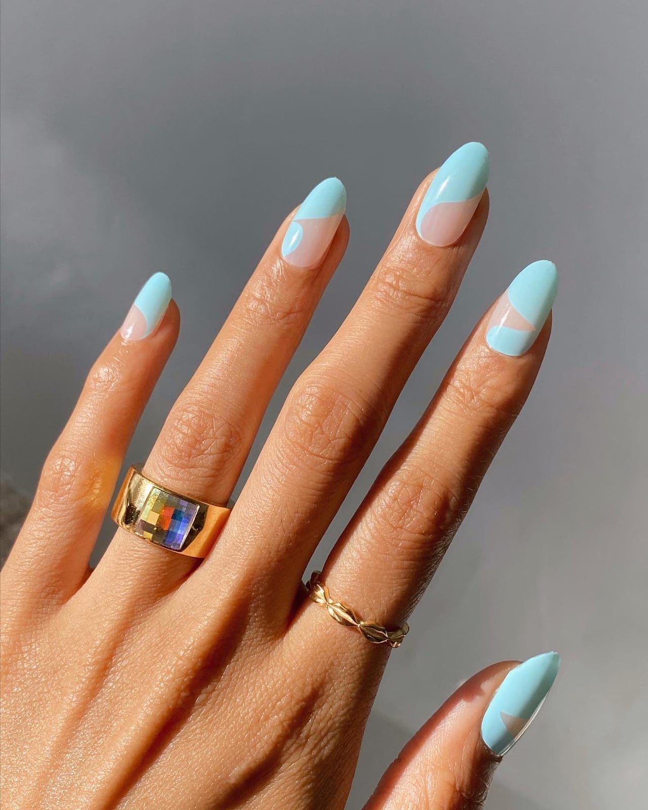 Abstract Baby Blue Geometric Short Almond — Trendy Baby Blue Nails