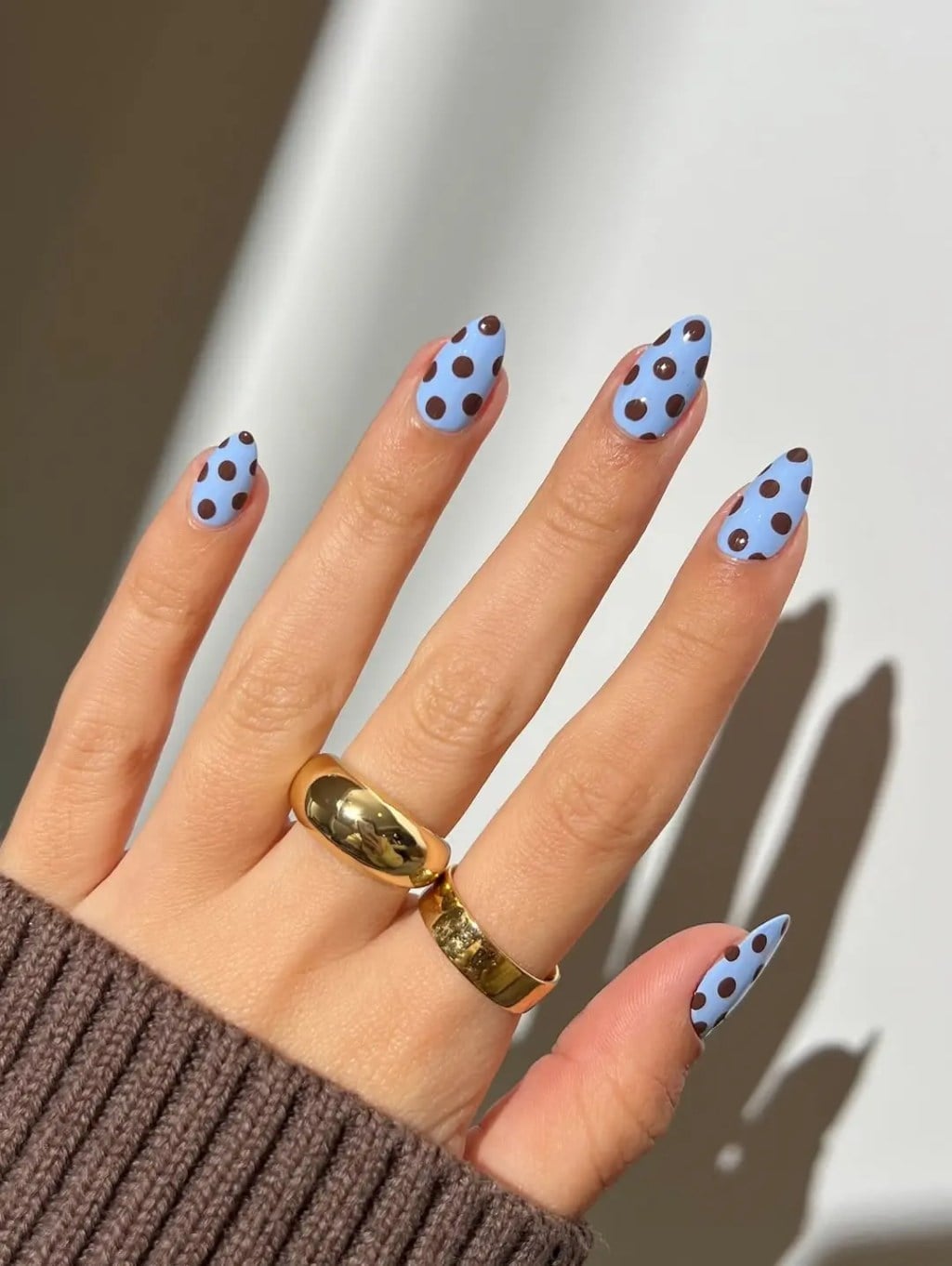 Matte Baby Blue Brown Polka Dot Short Almond — Trendy Baby Blue Nails