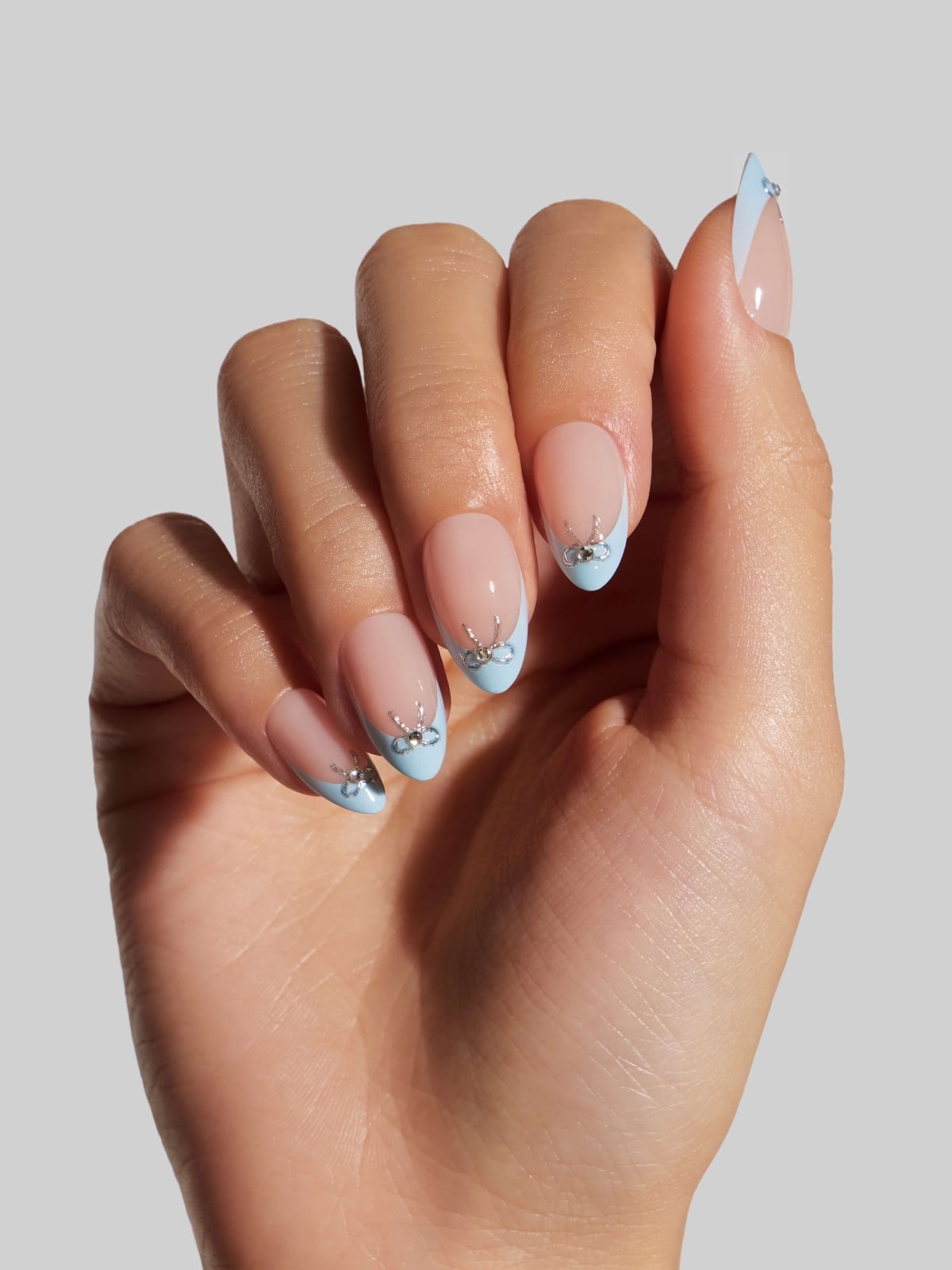 Baby Blue French Tip Silver Embellishments Short Almond — Trendy Baby Blue Nails