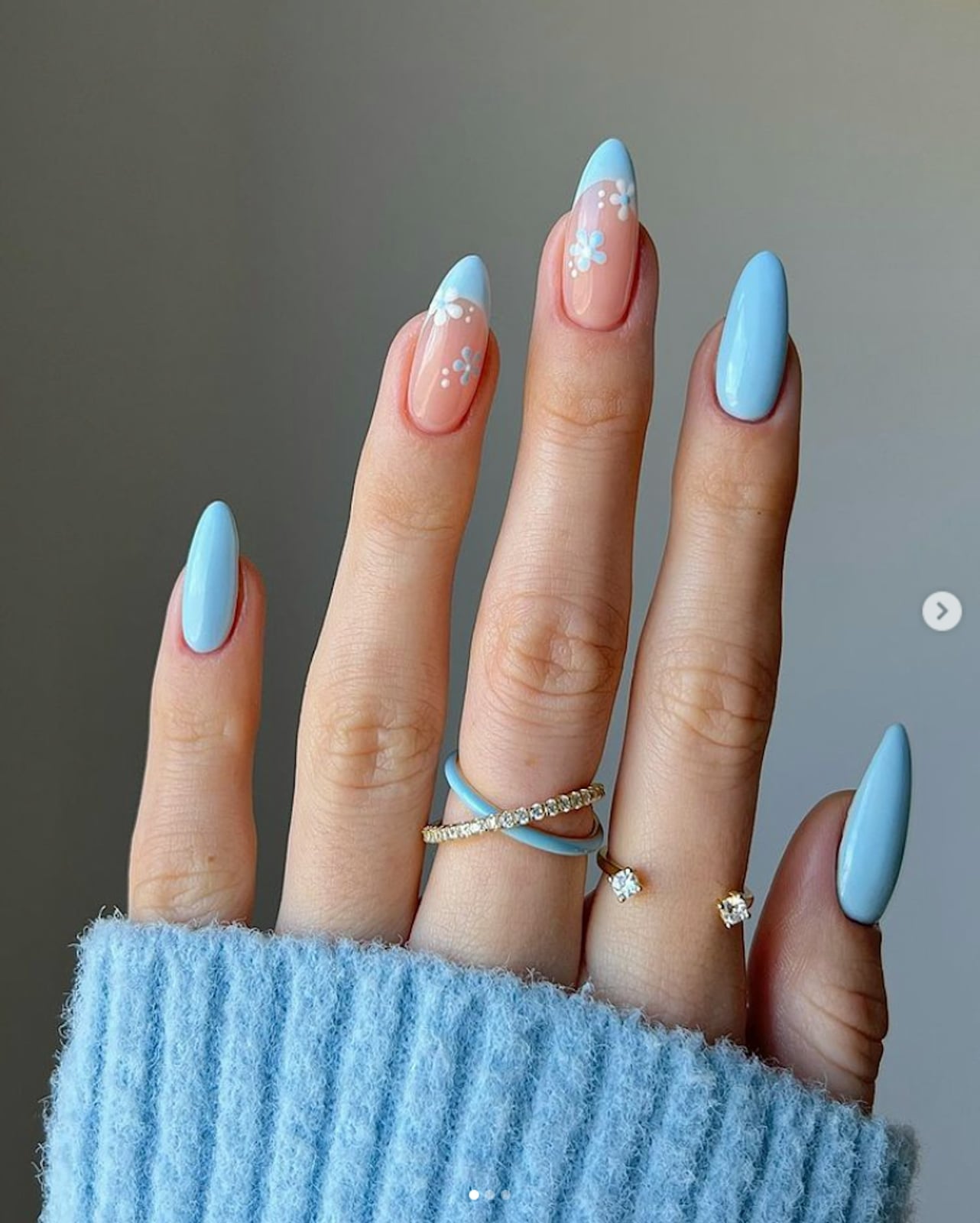 Floral Baby Blue French Short Almond — Trendy Baby Blue Nails