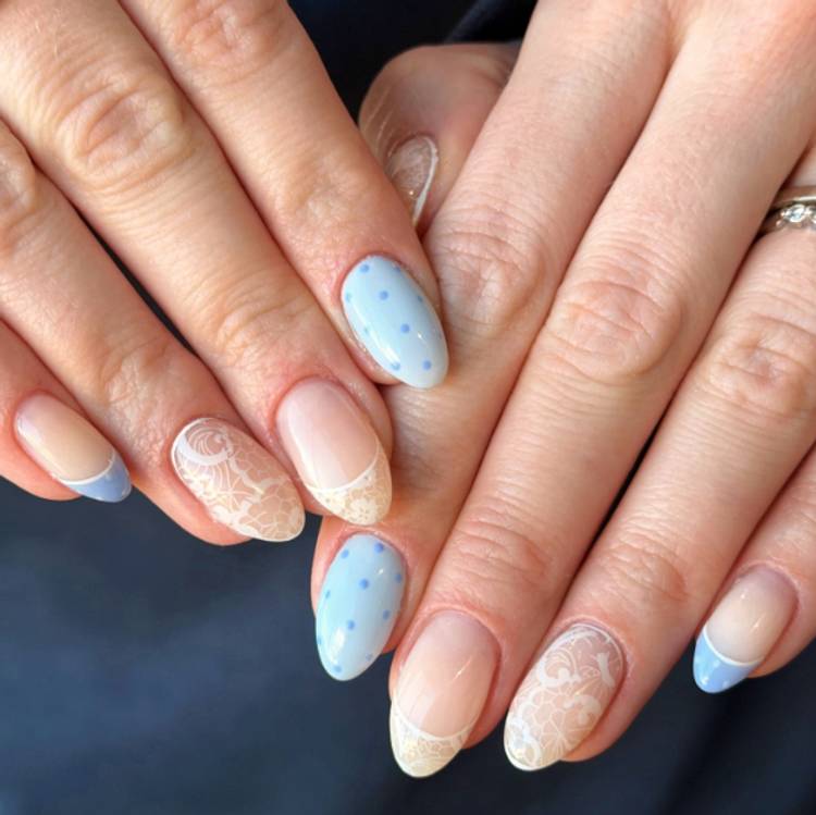Fine Line Swirls Short Oval Nails — Trendy Baby Blue Nails