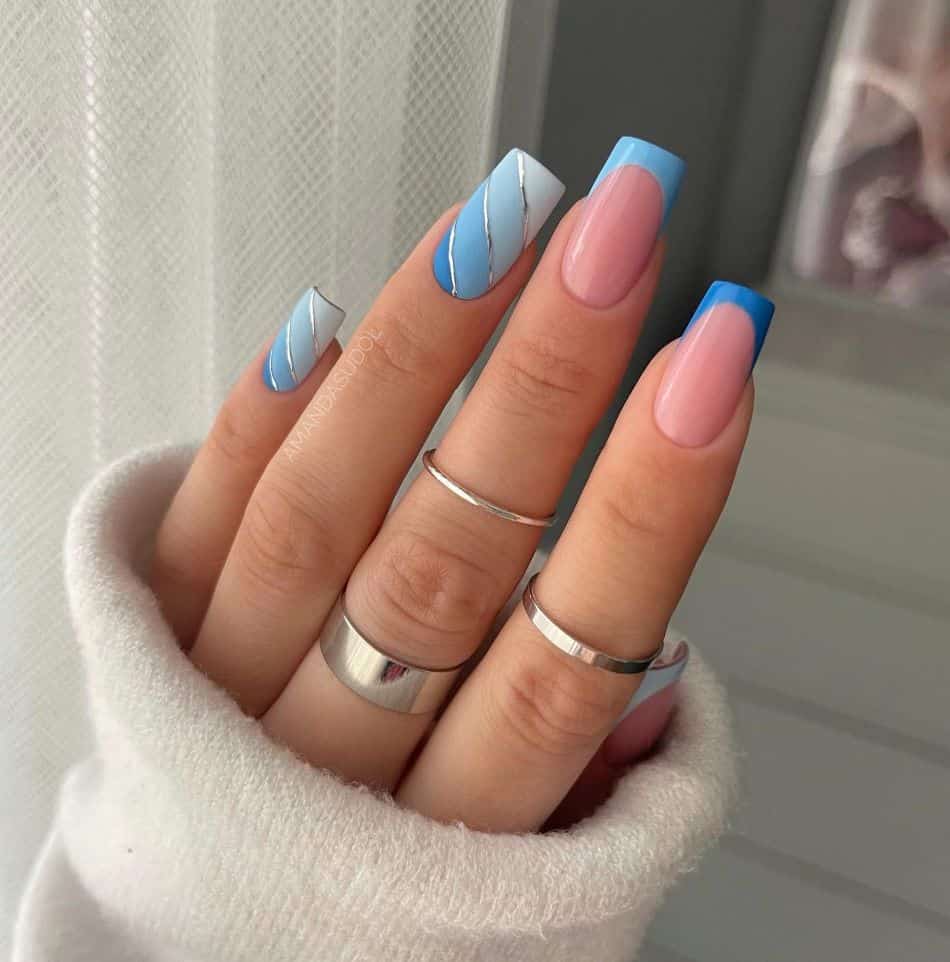 Abstract Baby Blue Geometric Short Almond With Long Square — Trendy Baby Blue Nails