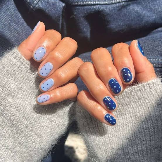 Polka Dot Baby Blue Short Oval Nails — Trendy Baby Blue Nails
