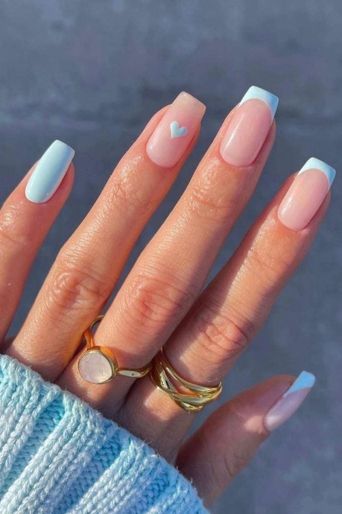 Light Blue French Tip 3D Heart Soft Square — Trendy Baby Blue Nails