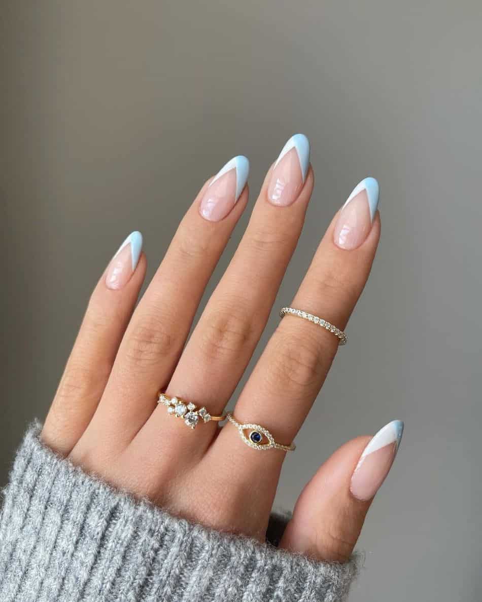 Pink Base Blue French Silver Line Long Square — Trendy Baby Blue Nails