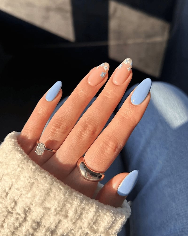 Light Blue Floral Accents Medium Almond — Trendy Baby Blue Nails