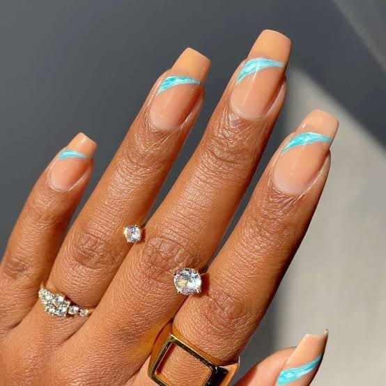 Baby Blue Wavy Line Medium Square — Trendy Baby Blue Nails