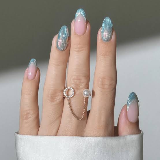 Pale Baby Blue Iridescent French Long Almond — Trendy Baby Blue Nails