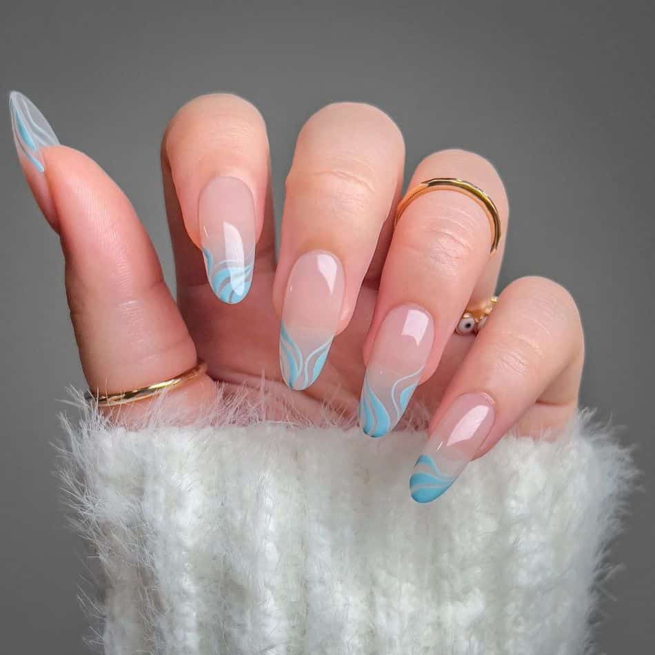 Baby Blue Wavy Line Long Oval Tips — Trendy Baby Blue Nails