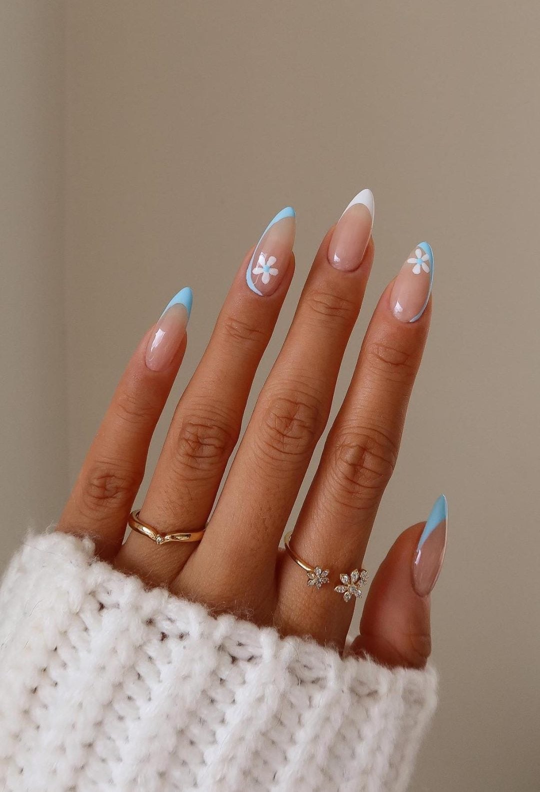 Light Blue French Floral Accent Long Almond — Trendy Baby Blue Nails