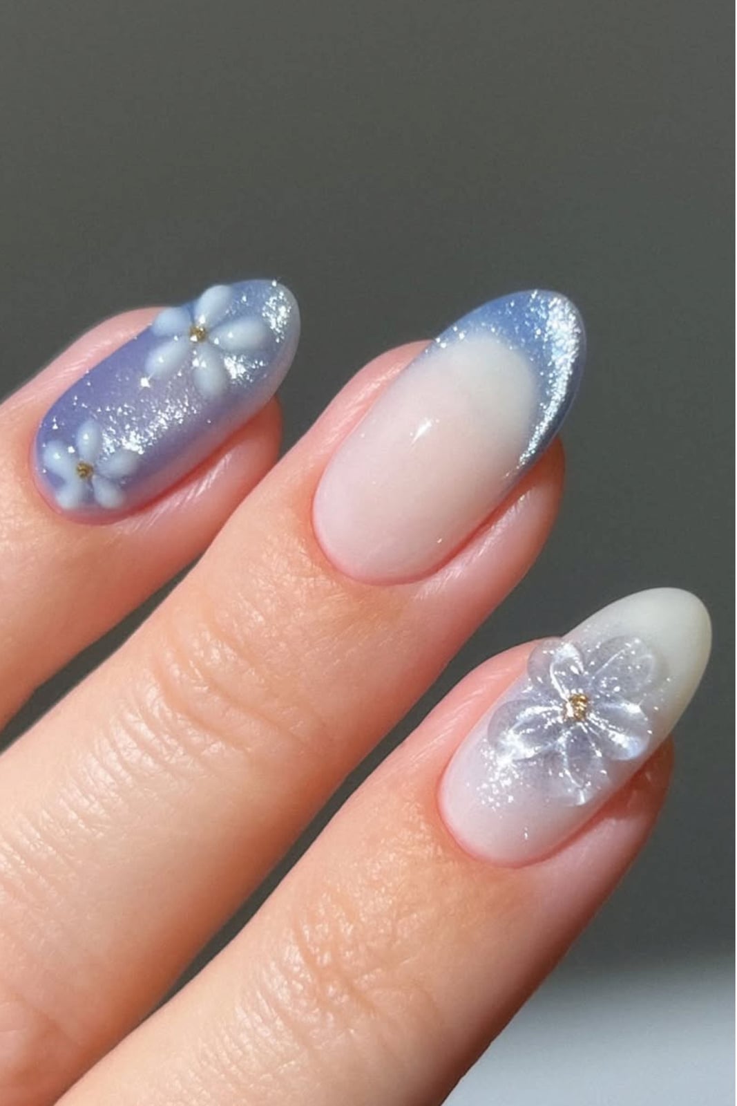 Lavender Base Blue French 3D Flower Oval — Trendy Baby Blue Nails