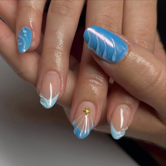 Baby Blue Wavy Lines Long Oval — Trendy Baby Blue Nails