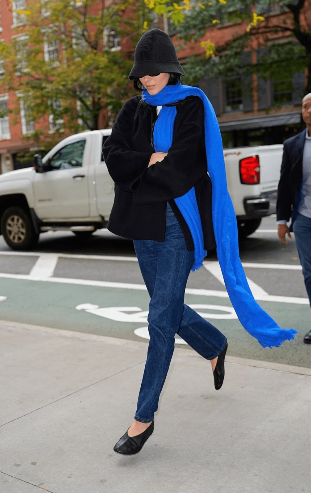 Black Jacket and Blue Scarf with Straight Leg Jeans and Black Flats — Trendy Ballet Flats Outfits