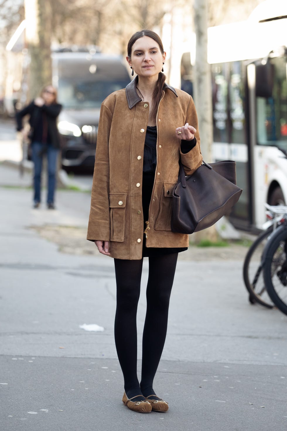 Brown Suede Jacket with Mini Skirt and Brown Ballet Flats — Trendy Ballet Flats Outfits
