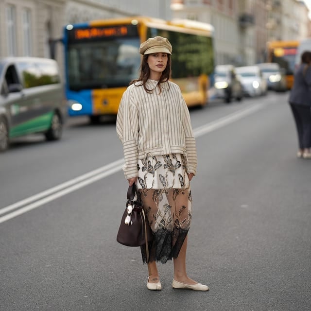 Sheer Embroidered Dress with Striped Top and Beige Ballet Flats — Trendy Ballet Flats Outfits