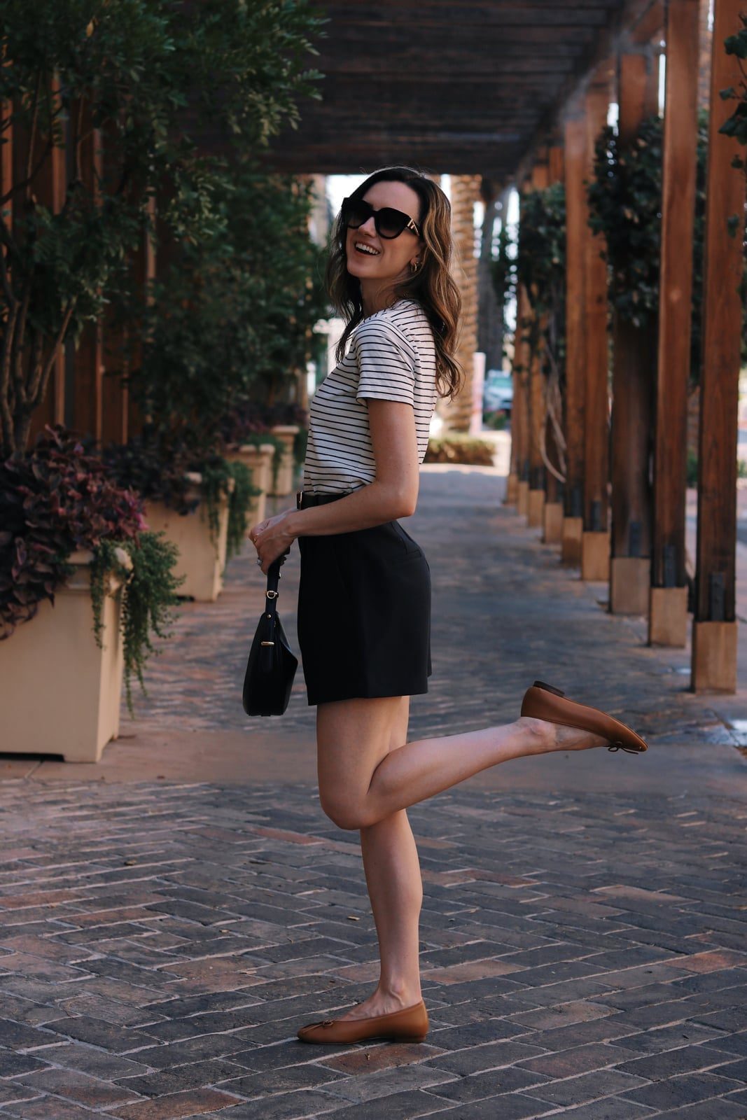 Striped T-Shirt with A-Line Mini Skirt and Tan Ballet Flats — Trendy Ballet Flats Outfits