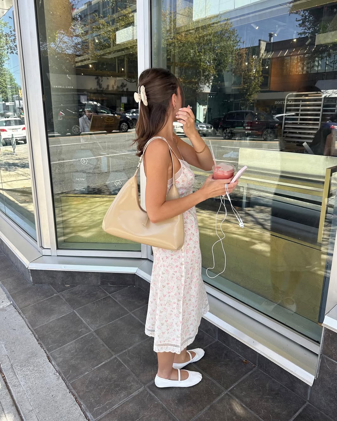 Floral Print Slip Dress with White Ballet Flats — Trendy Ballet Flats Outfits