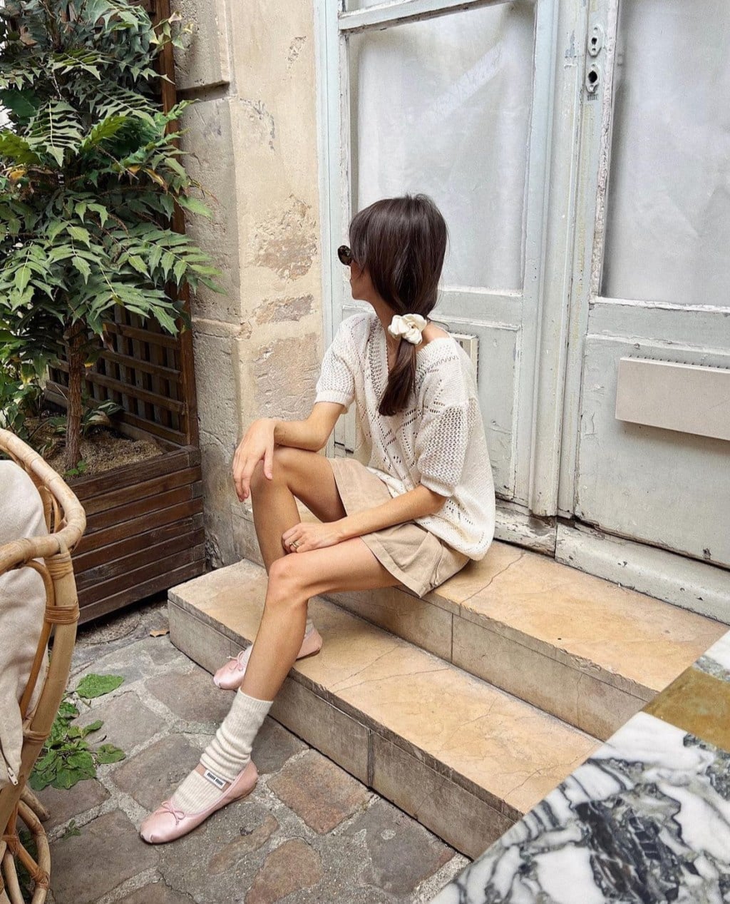 White Knit Top with Beige Shorts and Pink Ballet Flats — Trendy Ballet Flats Outfits
