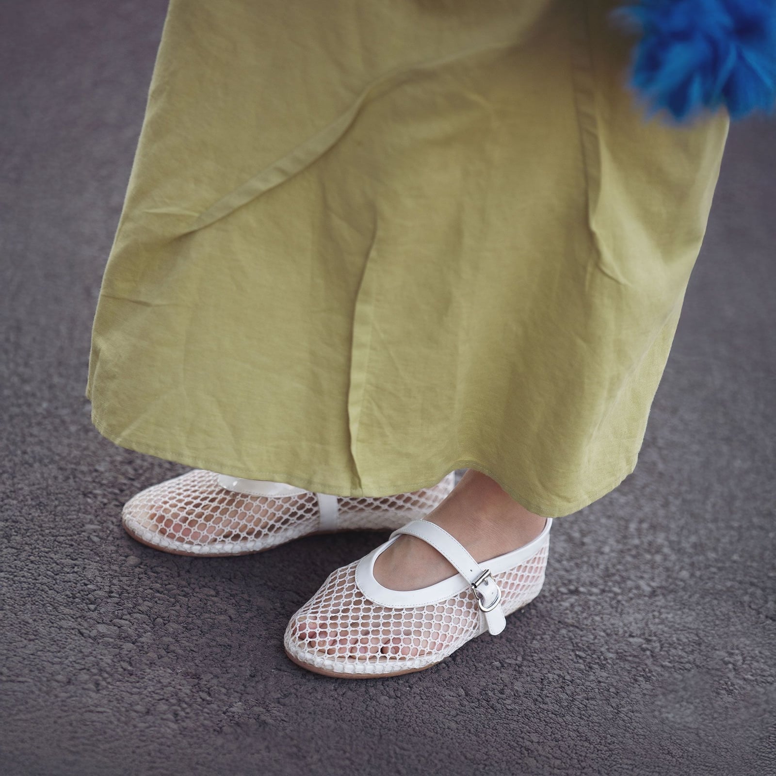 Long Flowy Skirt with White Mesh Ballet Flats — Trendy Ballet Flats Outfits