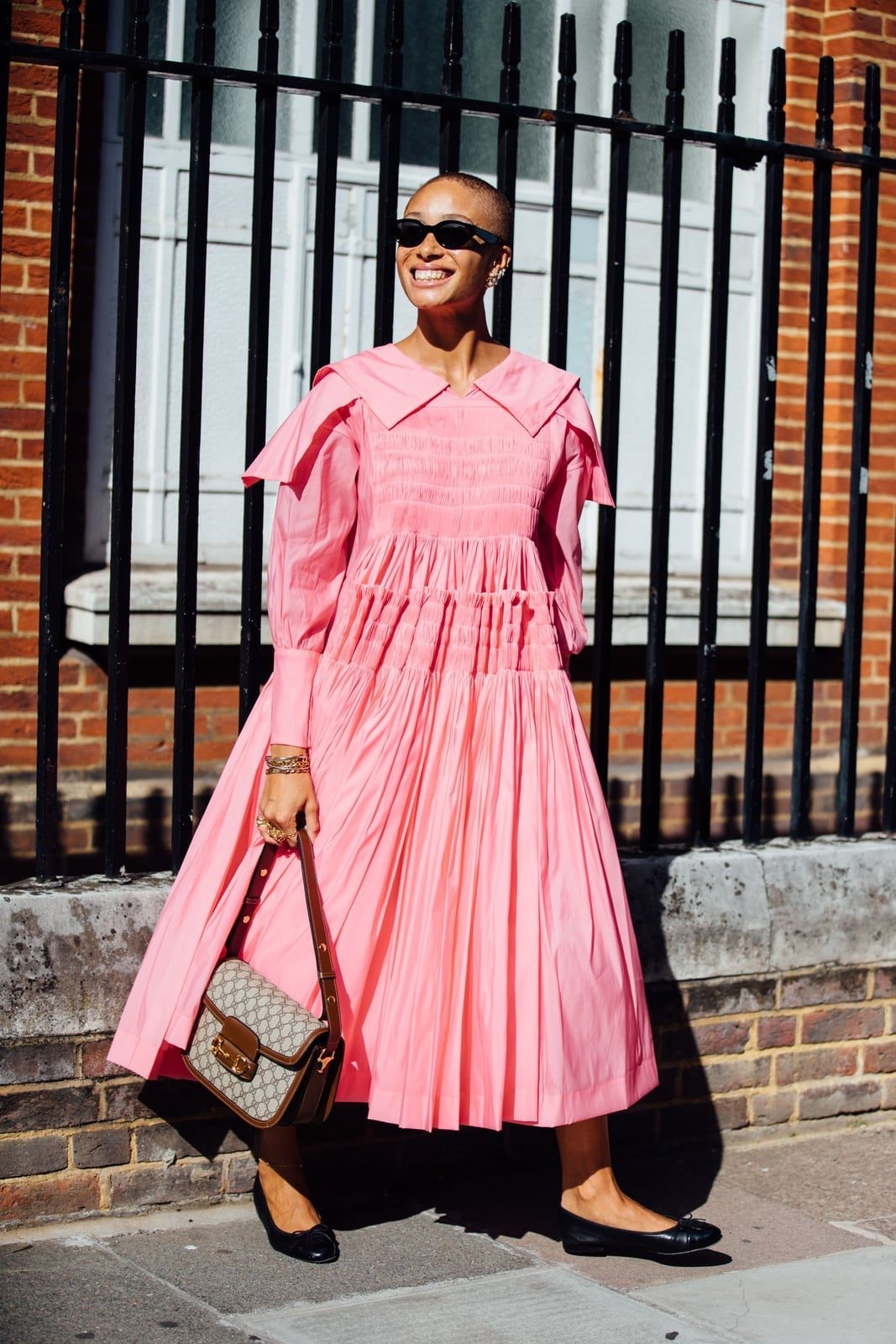 Tiered Pink Midi Dress with Black Ballet Flats — Trendy Ballet Flats Outfits